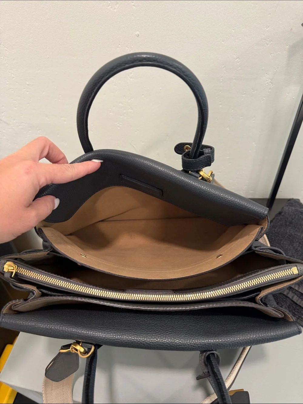 MCM Dark Gray Leather Satchel with Contrast Strap